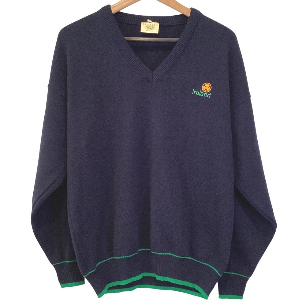 Blarney Woollen Mills Mens Navy V-Neck Sweater Ireland Green Trim Golf - Large
